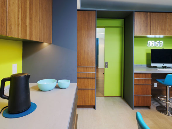 Lime green and wood kitchen